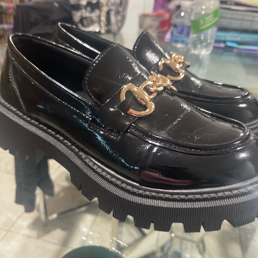 SHEIN Black Loafers with Gold Chain Detail